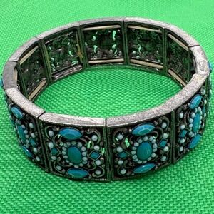 Turquoise Stretch Bracelet Boho Silver Tone‎ Fashion Jewelry